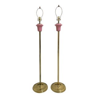 1940's Brass and Pink Porcelain Floor Lamps - a Pair For Sale