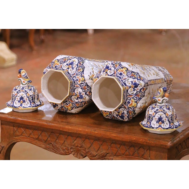 Ceramic Pair of 19th Century French Hand Painted Desvres Faience Vases With Lids For Sale - Image 7 of 10