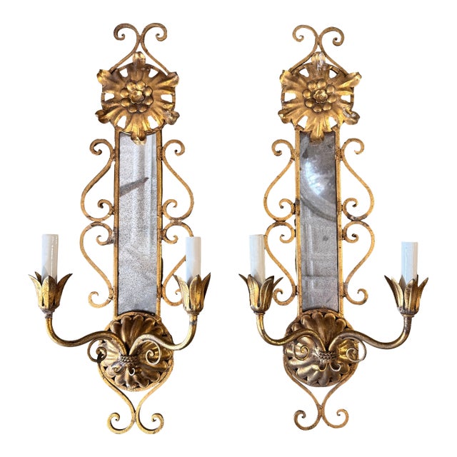 Pair of Vintage Ornate Two Arm Golden Tone Gilt Metal Wall Sconces For Sale