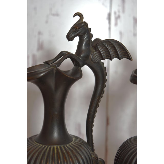 Victorian Opposing Bronze Serpent or Seahorse Urns on Marble Bases For Sale - Image 9 of 18
