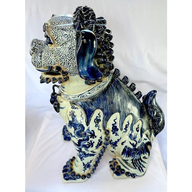 Early 21st Century 24" Nanking Blue White Porcelain Chinese Temple Guardian Lion Foo Dog Sheshi, Canonbury For Sale - Image 5 of 16