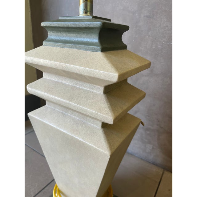1980s Postmodern Tiered Geometric Plaster Table Lamps W/ Coolie Shades - a Pair For Sale - Image 9 of 12