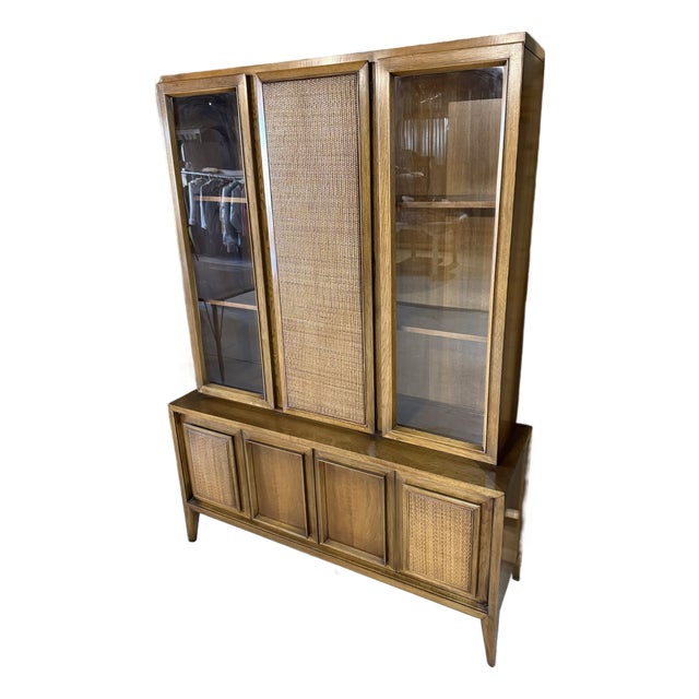 1960s Mid Century Modern Walnut & Cane Hutch For Sale