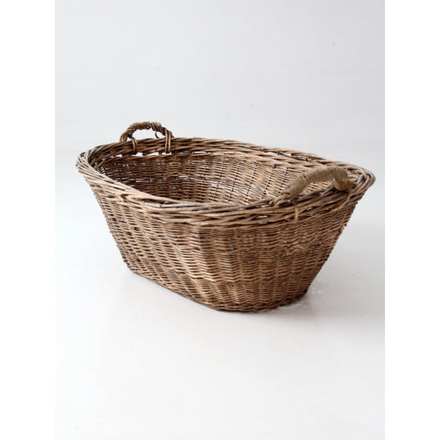 Antique French Country Wicker Laundry Basket With Wood Base For Sale - Image 9 of 15