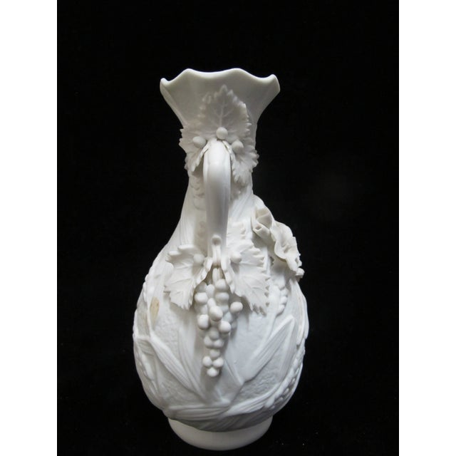 White Parian Bisque Porcelain Raised Wheat & Grape Pattern Handled Vase Pair For Sale - Image 10 of 11
