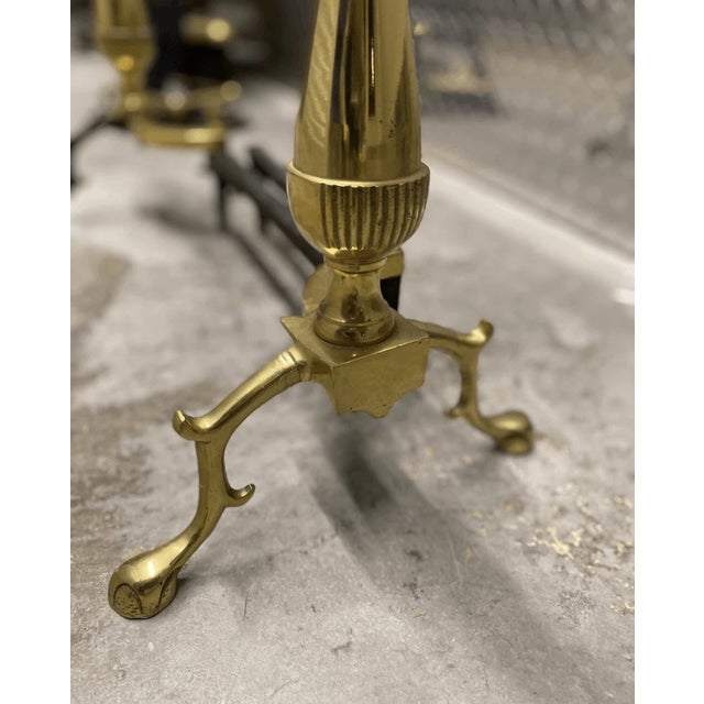 Antique Federal Style Brass 6 Piece Set Fireplace Andiron & Tools For Sale - Image 4 of 7