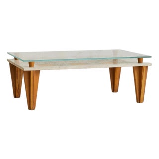 Italian Travertine Coffee Table with Painted Motifs + Glass Top, 1970s For Sale