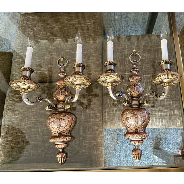 Traditional Pair Caldwell 2-Arm Bronze and Silver Wall Sconce For Sale - Image 3 of 15
