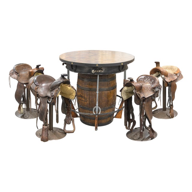 Contemporary Custom Made Whiskey Barrel Pub Table With 4 Horse Saddle Stools For Sale