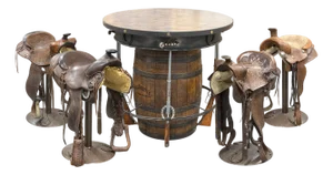 Contemporary Custom Made Whiskey Barrel Pub Table With 4 Horse Saddle Stools