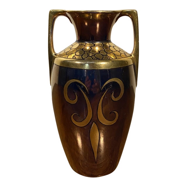 1920s Hand Painted Black and Gold Vase By Altrohlau, Czechoslovakia For Sale