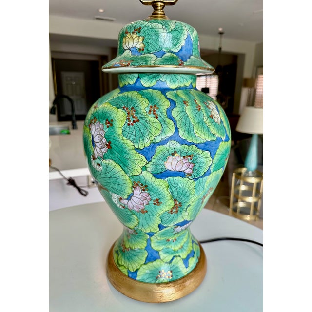 Single Chinese Green Lotus Flower Porcelain Table Lamp For Sale In Palm Springs - Image 6 of 18