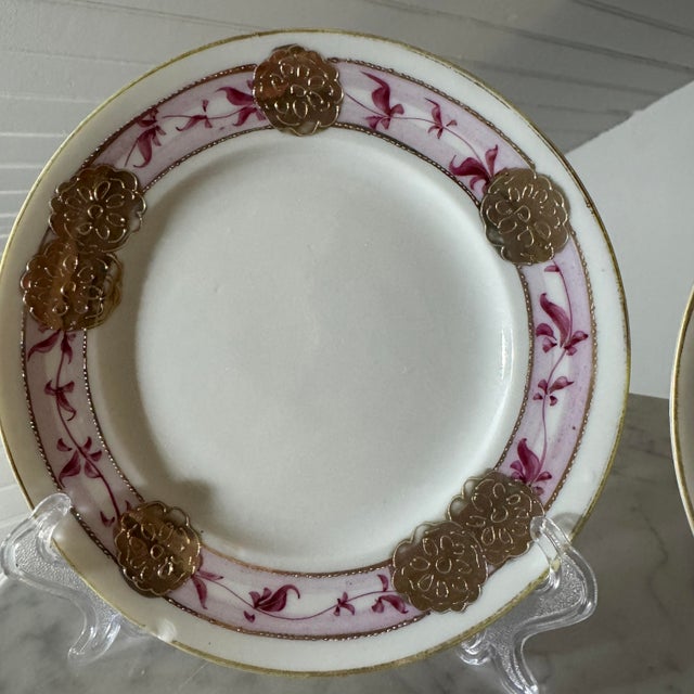Metal Antique Imperial Nippon Hand Painted Pink Ribbon & Gold Moriage Plates by Noritake - Pair For Sale - Image 7 of 9