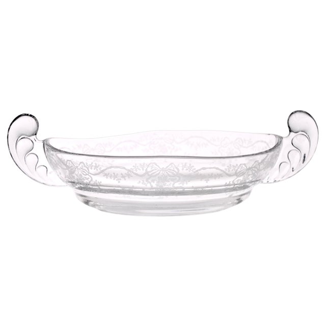 Large 13 inch vintage Fostoria etched Elegant Glass two handle bowl in the Romance pattern (1942-1971).