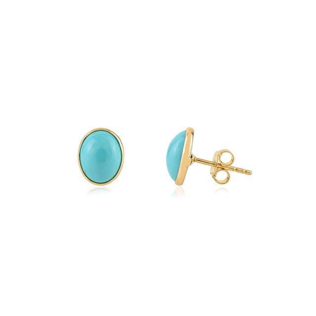 Modern 18k Yellow Gold 1 Carat Oval Turquoise Bezel Set Stud Earrings for Women- A Pair For Sale - Image 4 of 12