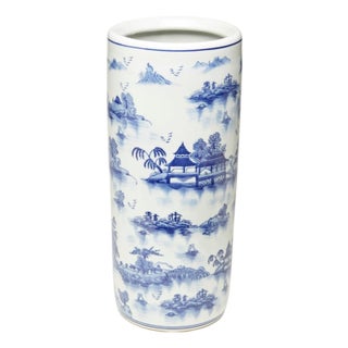 Blue and White Willow Chinoiserie Umbrella Stand For Sale