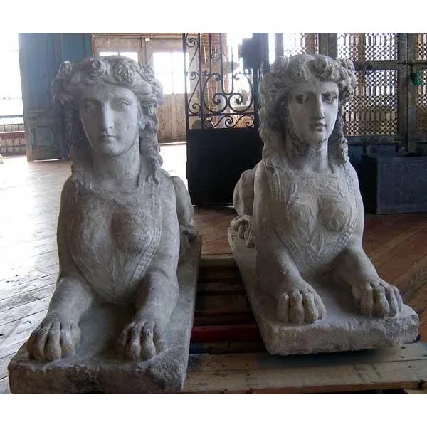 Pair of French Louis XVI Limestone Sphinx Garden Statues