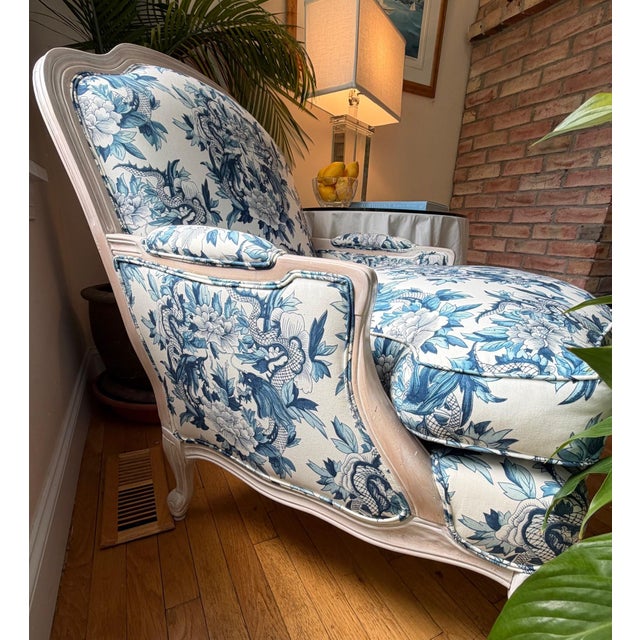 Custom Blue and White Marquis Bergere Chair and Ottoman Set Upholstered in Ralph Lauren For Sale - Image 12 of 18