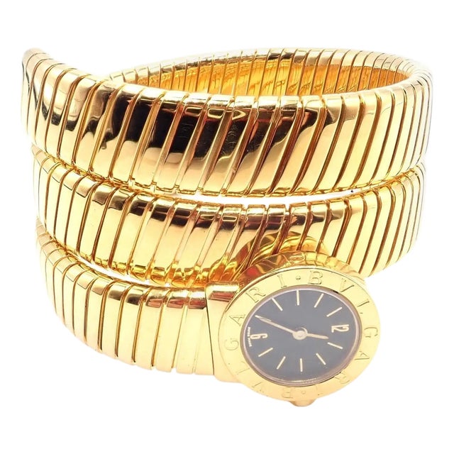 1990s Bulgari Tubogas Serpent Snake Yellow Gold Bracelet Wristwatch For Sale