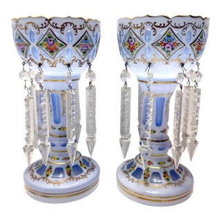 Antique Bohemian Czech Victorian Blue Opaline Glass Enamel Floral Lusters Pair For Sale
