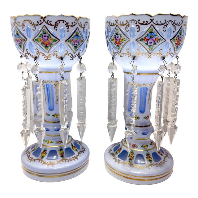 Antique Bohemian Czech Victorian Blue Opaline Glass Enamel Floral Lusters Pair For Sale