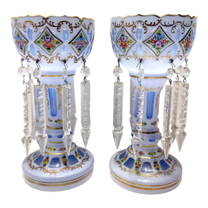 Antique Bohemian Czech Victorian Blue Opaline Glass Enamel Floral Lusters Pair