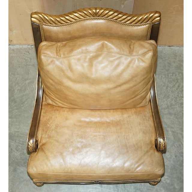 Set of Large Vintage Italian Brown Leather & Giltwood Throne Armchair & Footstool For Sale - Image 13 of 18