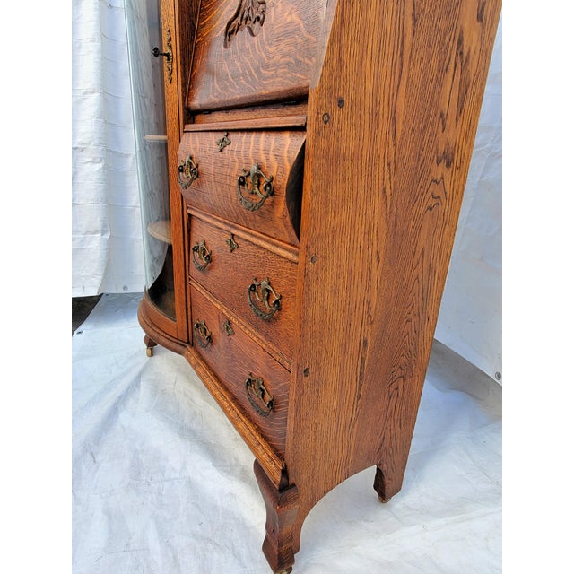 Antique American Tiger Oak Side by Side Bowed Glass Bookcase or China