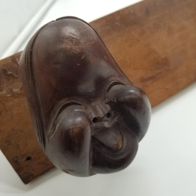 Hand-Carved Japanese Vintage Ofuku & Noh-Style Mask Trio on Wooden Panel – Signed For Sale - Image 13 of 17