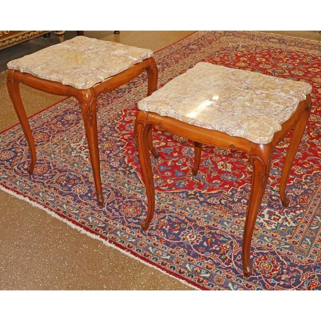 Pair of Vintage Marble Top Walnut Louis XV French Style End Tables For Sale - Image 9 of 15