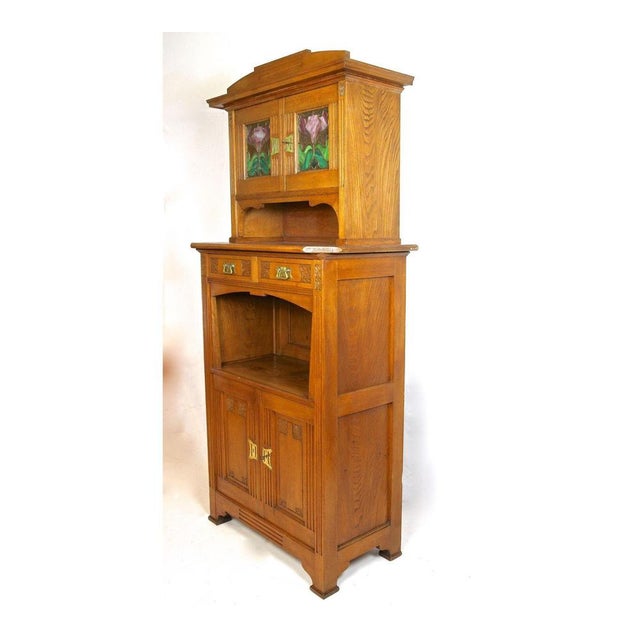 Art Nouveau Buffet in Oak and Tiffany Style Glass, 1910s For Sale - Image 12 of 13