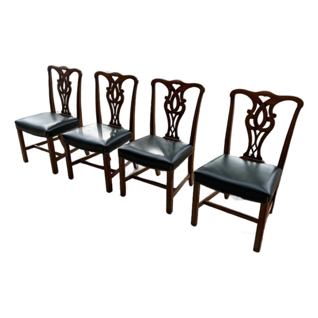 Mid 20th Century Chippendale Leather Seat Arm Chairs Set of 4 For Sale