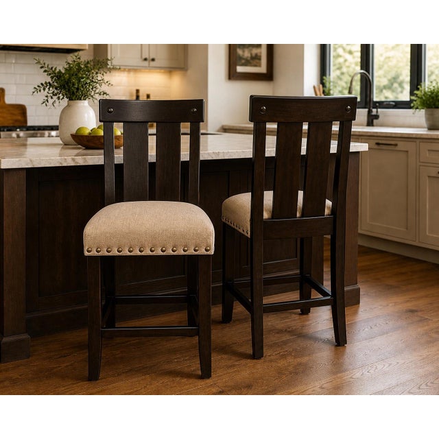 Contemporary Counter Height Stools, Set of 2, Upholstered With Nailhead Trim, Dark Wood For Sale - Image 3 of 5