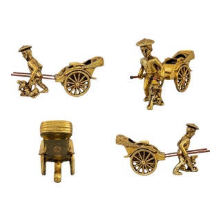 Vintage Brass Jinricksha Rickshaw Figurine With Puller & Dog | Chinoiserie Asian Decor For Sale