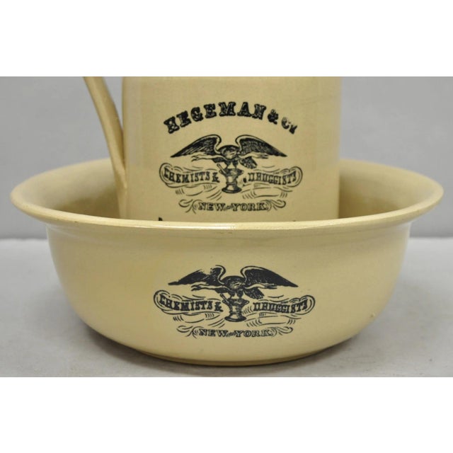 Victorian Hegeman & Co. Large Pitcher W Basin 1837 Stoneware Drugs Medicines Ny Apothecary For Sale - Image 3 of 14