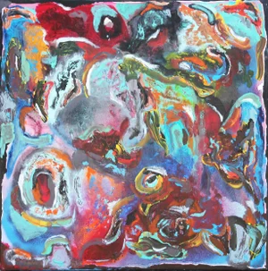 2016 "Night Sounds" Light Blue, Red, and Orange Abstract Painting W/ Colorful Swirls by Paul Reeves