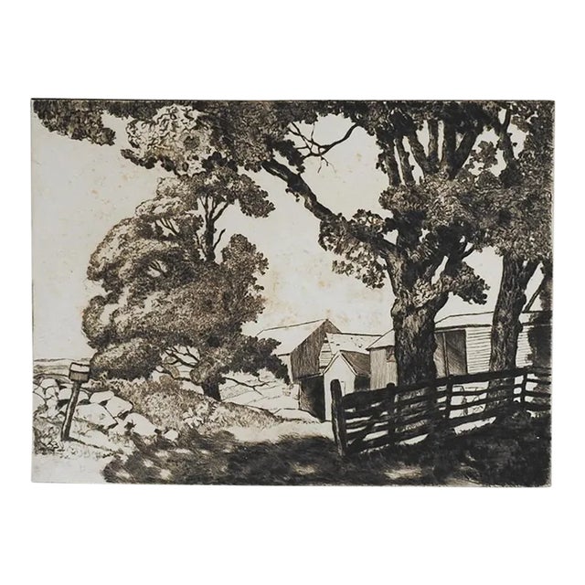 Vintage Early 20th Century Farm Landscape Etching For Sale