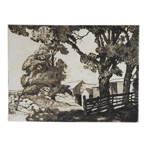 Vintage Early 20th Century Farm Landscape Etching