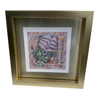 1990s Vintage Framed Authentic Original Hermès Art Advertisement Lithograph Featuring Hermès Cat For Sale