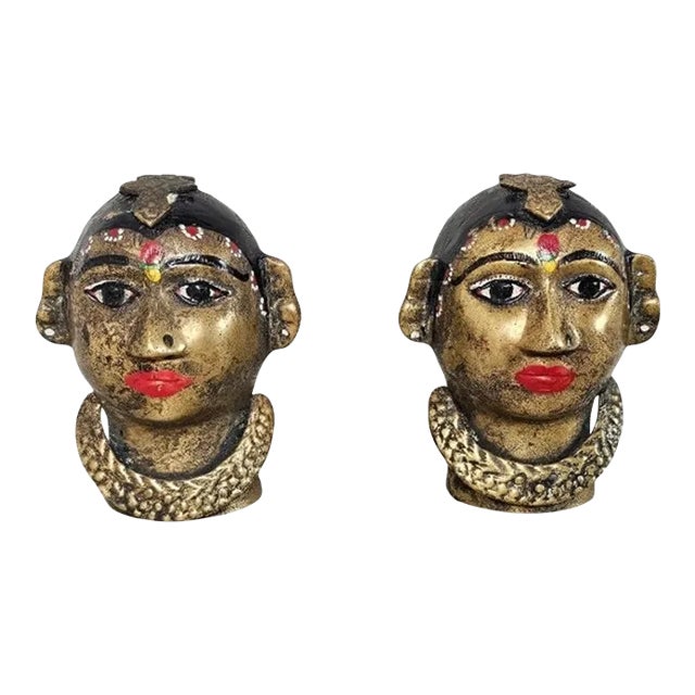 Antique India Painted Brass Hindu Gauri Head Sculptures - a Pair For Sale