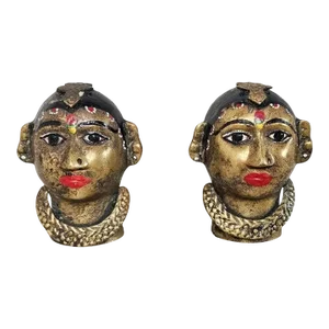 Antique India Painted Brass Hindu Gauri Head Sculptures - a Pair