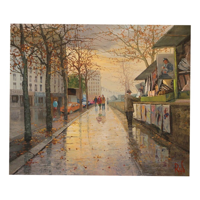 Antonio Rus, Paris Riverbank Street Scene, 21st Century, Oil on Canvas, Framed For Sale
