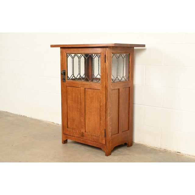 Stickley Roycroft Mission Oak Arts & Crafts Chafing Dish Stand or Side Cabinet With Leaded Glass For Sale - Image 15 of 15