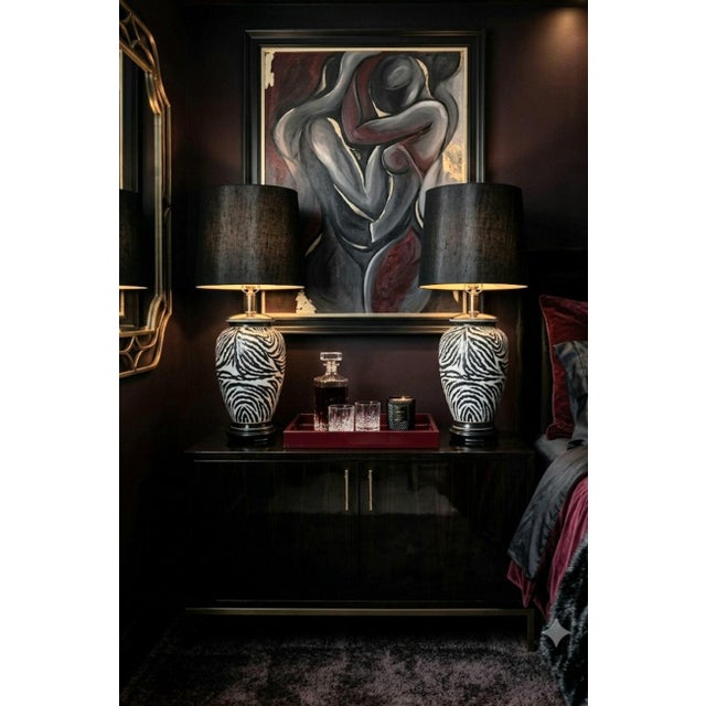 Wildwood Vintage Ceramic Zebra Striped Black White Regency Table Lamps- A Pair For Sale - Image 4 of 8