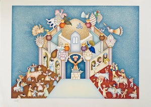 David Sharir, Israeli Naive Folk Art Silkscreen Lithograph David Sharir - Bet Hamikdash Scene