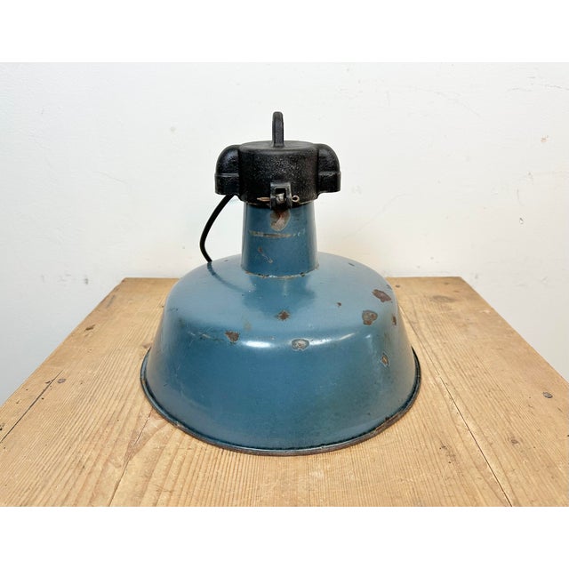 Industrial Blue Enamel Factory Lamp with Cast Iron Top, 1960s For Sale - Image 11 of 16