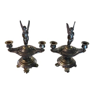 Pair of Antique Victorian Silver Plate Cherub Two-Light Candlesticks For Sale