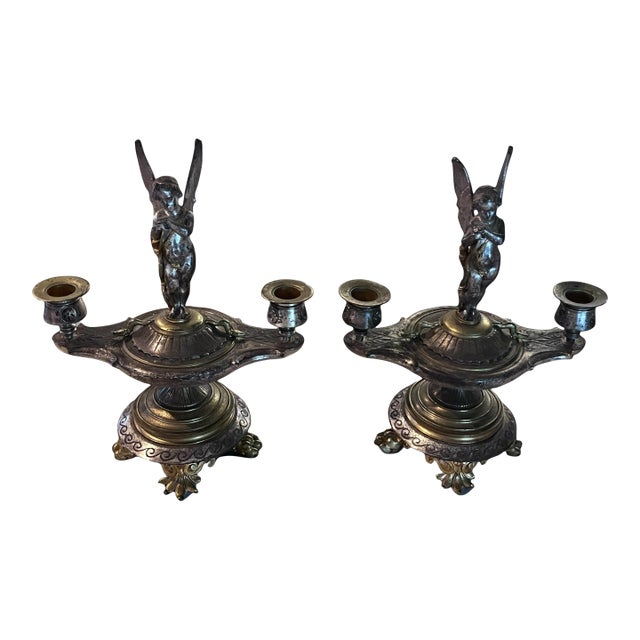 Pair of Antique Victorian Silver Plate Cherub Two-Light Candlesticks For Sale
