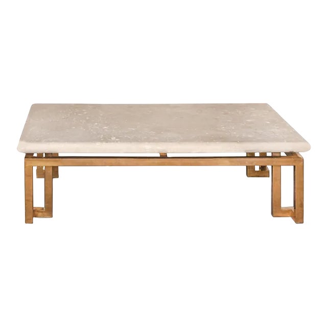 1960s Natural Coquina Stone Top Cocktail Table With Brass Base For Sale