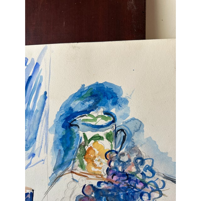 Blue Vintage Watercolor Still Life Painting of Bedside Table For Sale - Image 8 of 9
